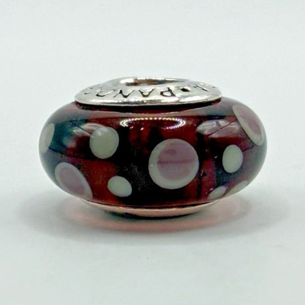 Pandora purple Glass Charm Bead with White and Light Pink Dots